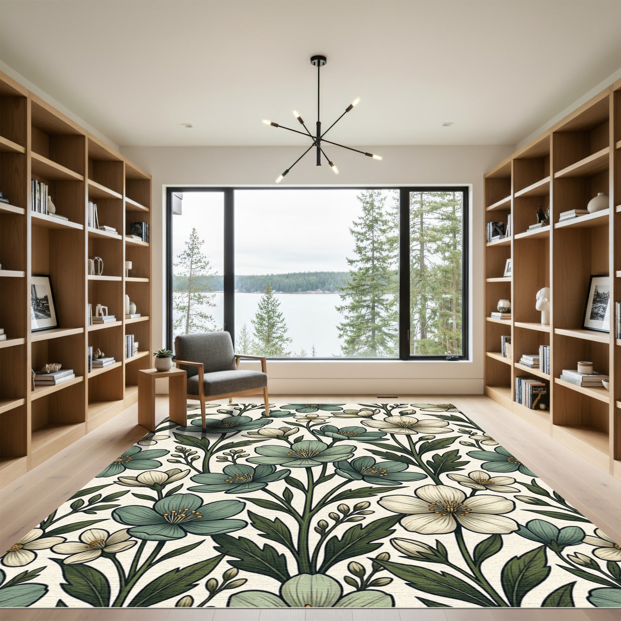Sage and Cream Botanical Floral Garden Rug