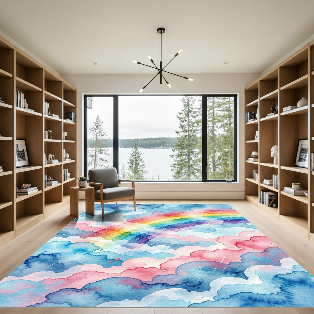 Watercolor Rainbow Clouds Dreamy Sky Rug