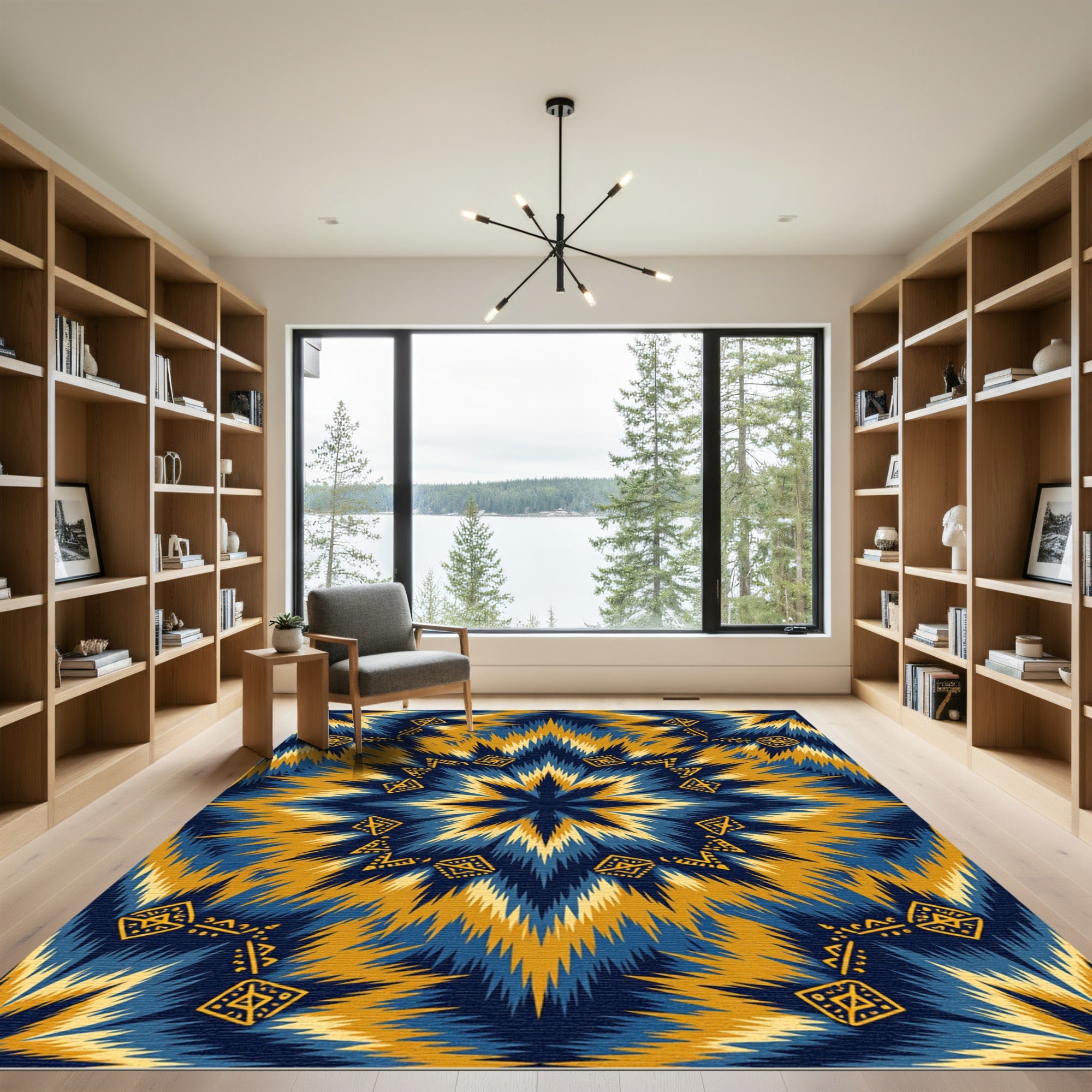 Bold Blue Yellow Tribal Sunburst Rug