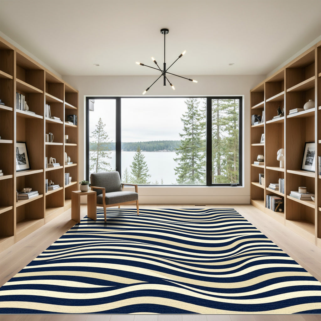 Modern Navy and Cream Wavy Stripe Rug