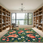Whimsical Coral Rabbit Meadow Flora Rug