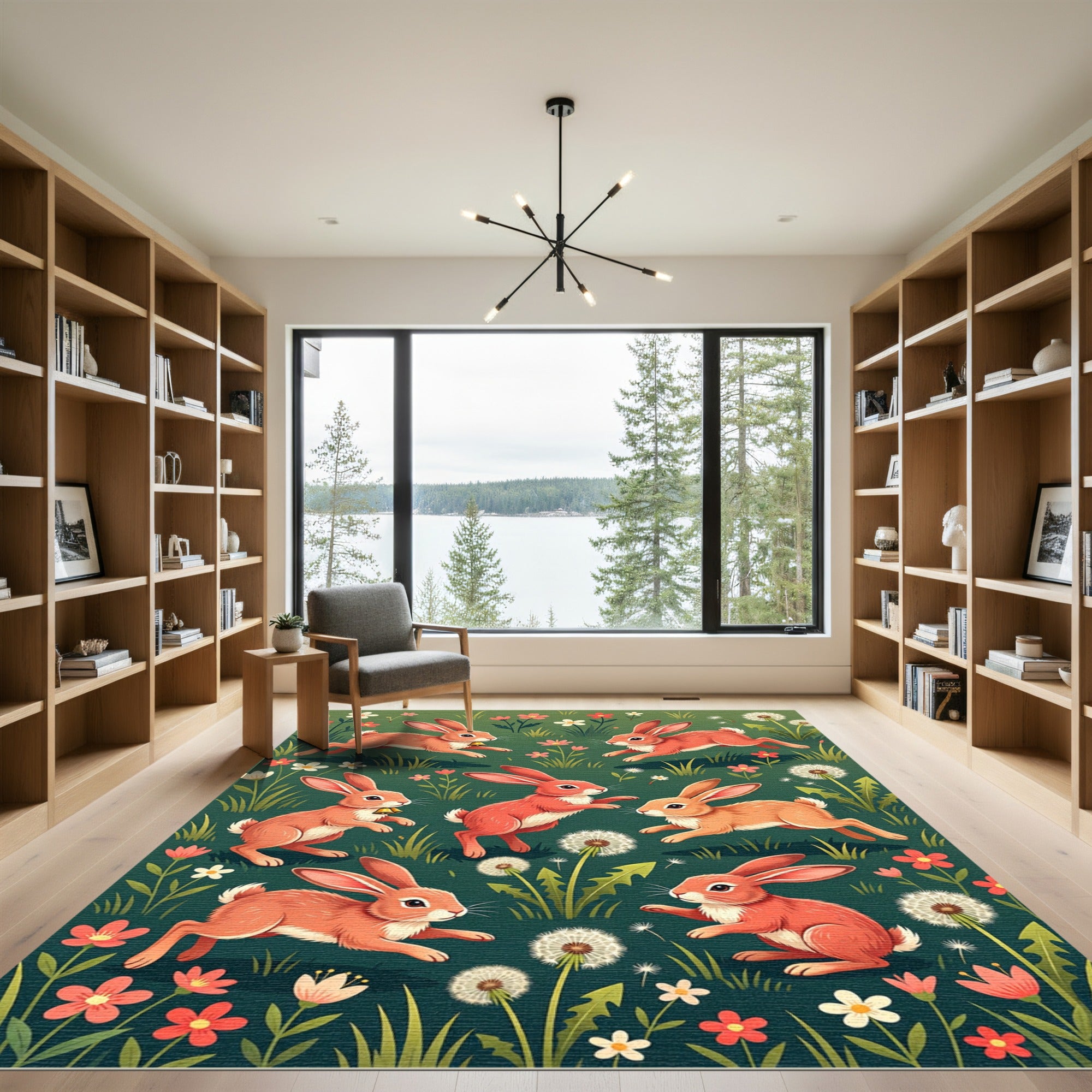 Whimsical Coral Rabbit Meadow Flora Rug