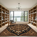 Ornate Golden Floral Black Damask Rug