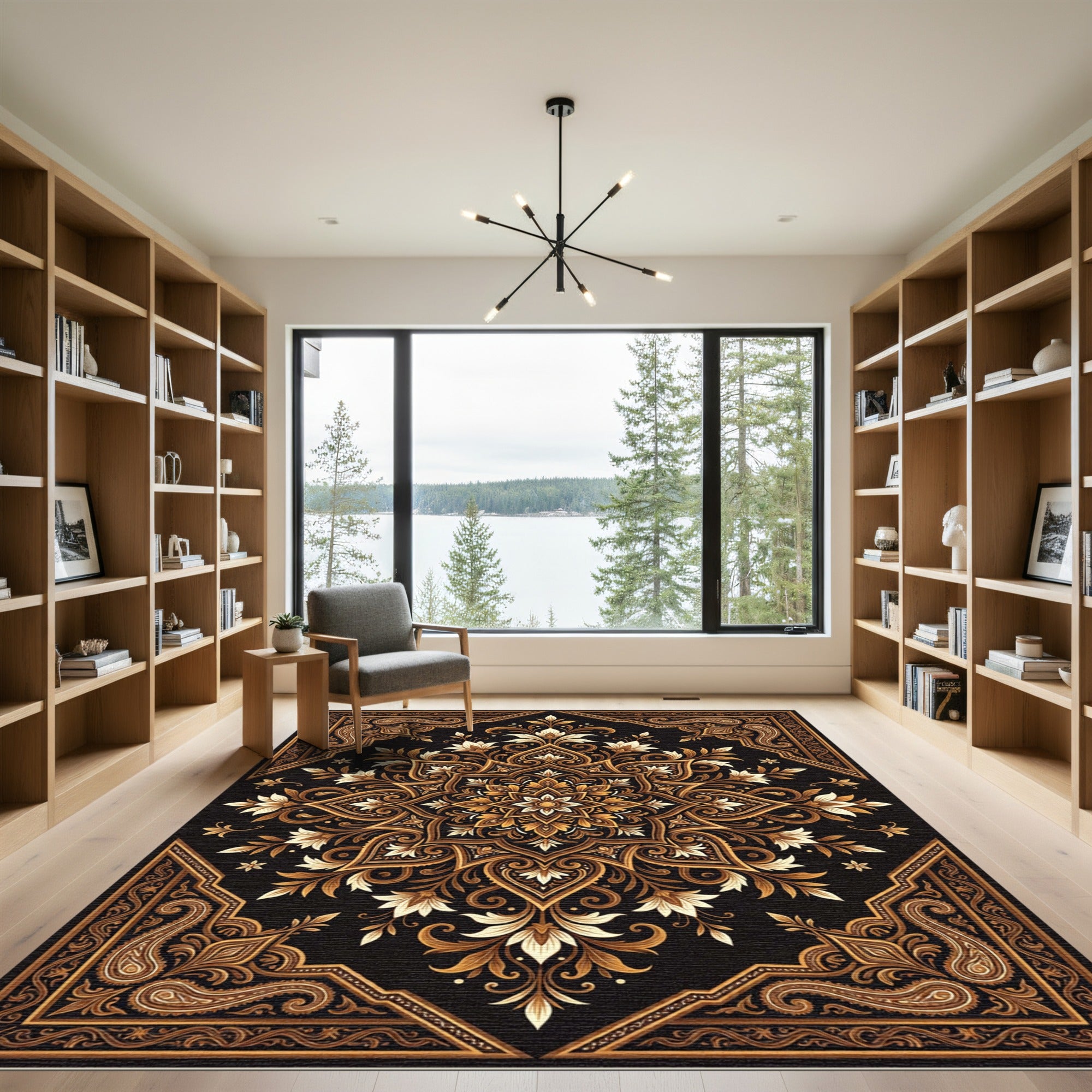 Ornate Golden Floral Black Damask Rug
