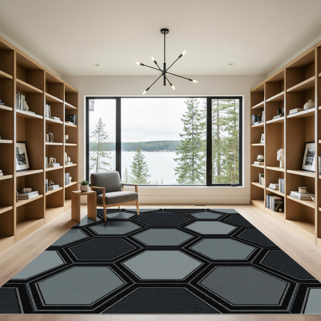 Modern Gray Geometric Hexagon Mosaic Rug