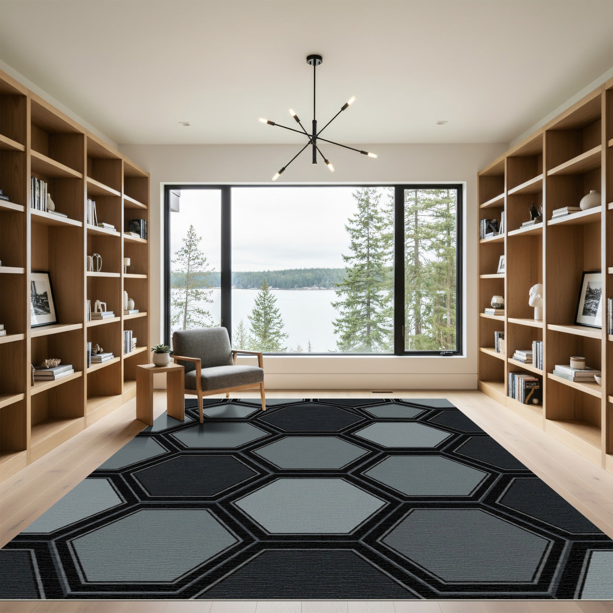 Modern Gray Geometric Hexagon Mosaic Rug