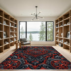 Red Gray Black Heart Scrollwork Rug