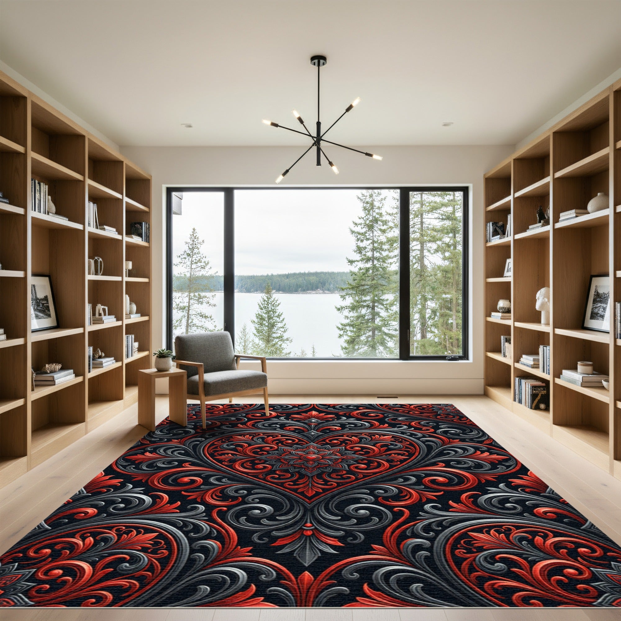 Red Gray Black Heart Scrollwork Rug