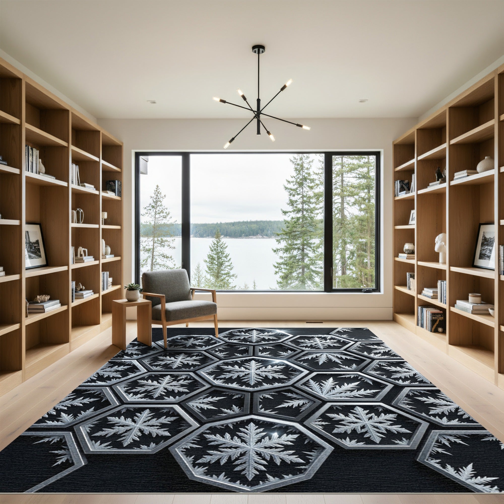 Monochromatic Hexagonal Frozen Snowflake Art Rug