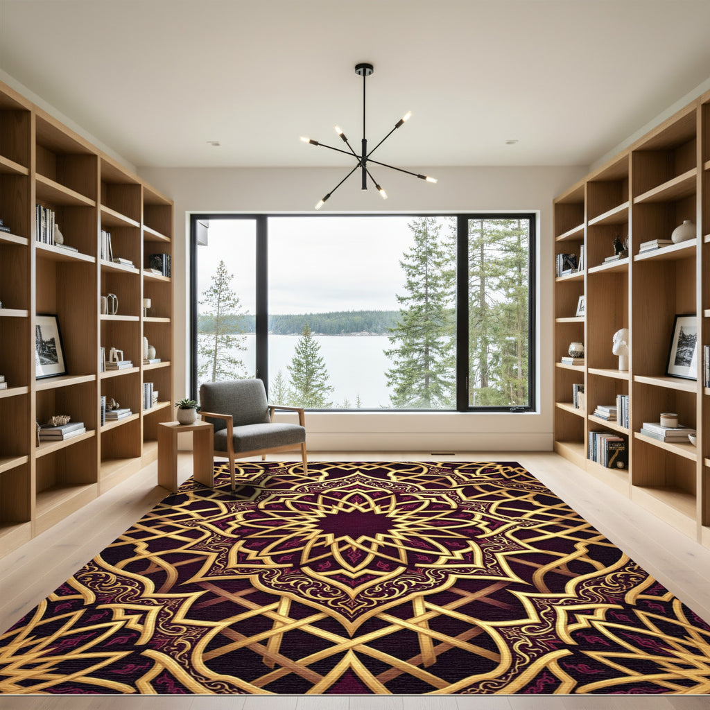 Ornate Gold Filigree Royal Plum Mandala Rug
