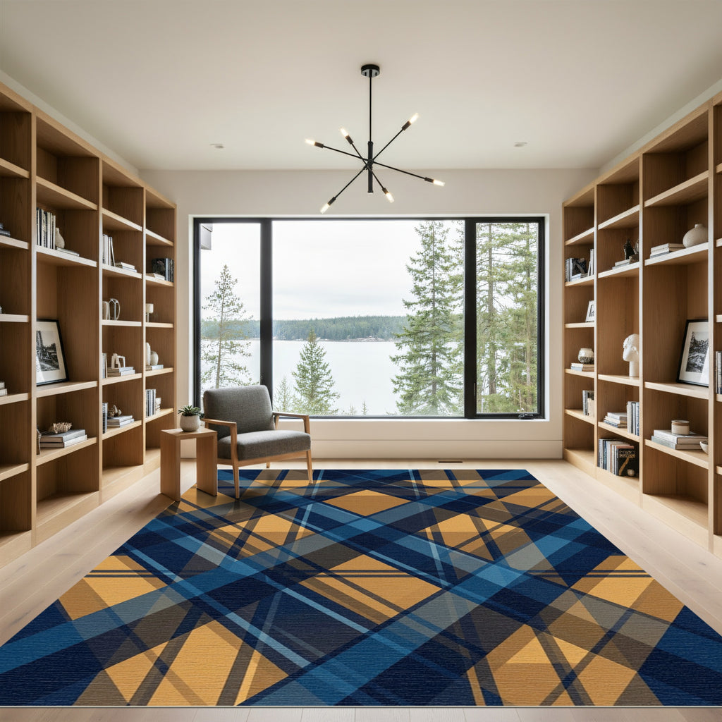 Navy Gold Diagonal Plaid Squares Rug