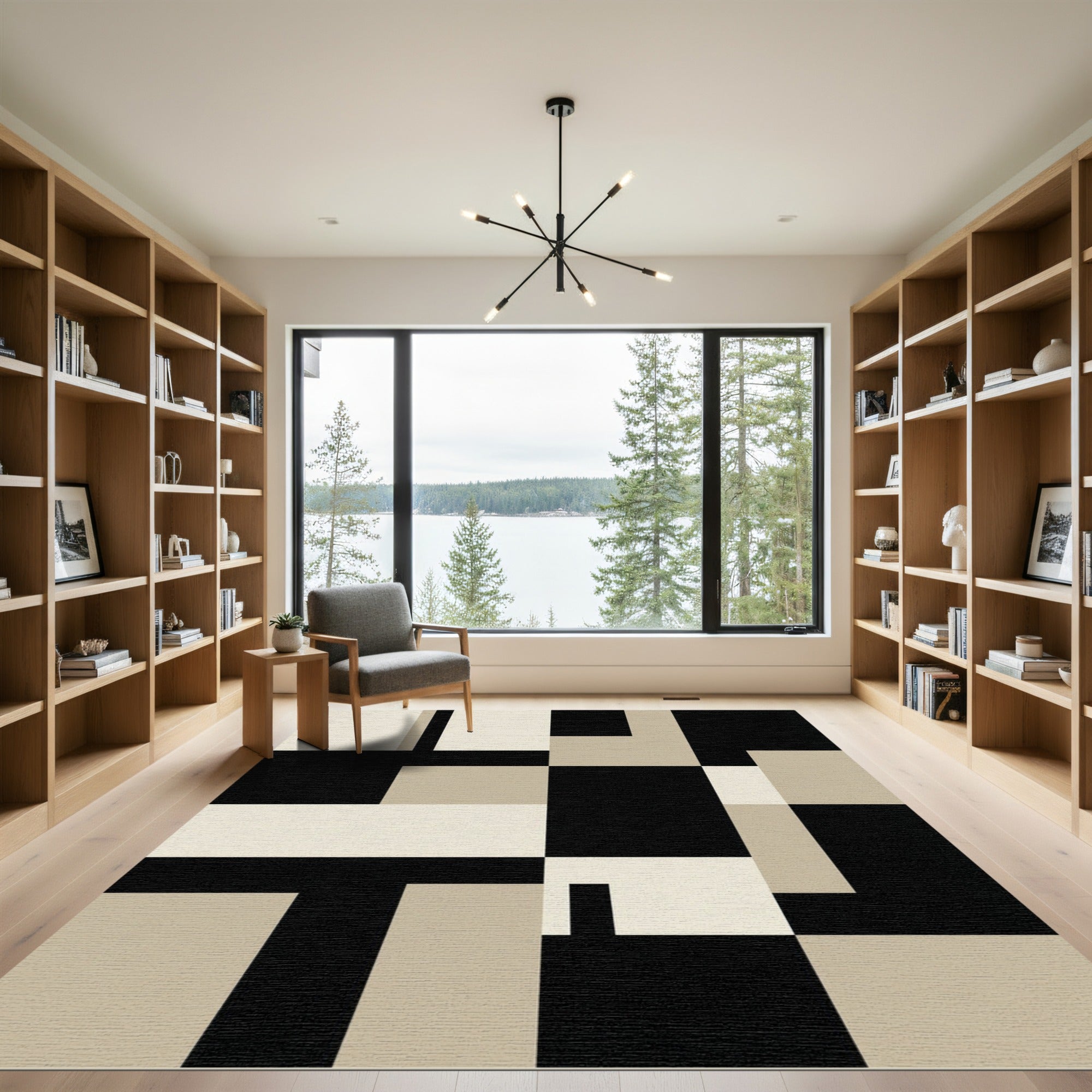Minimalist Black and Beige Geometric Block Rug