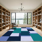 Teal Blue Geometric Block Arrangement Rug