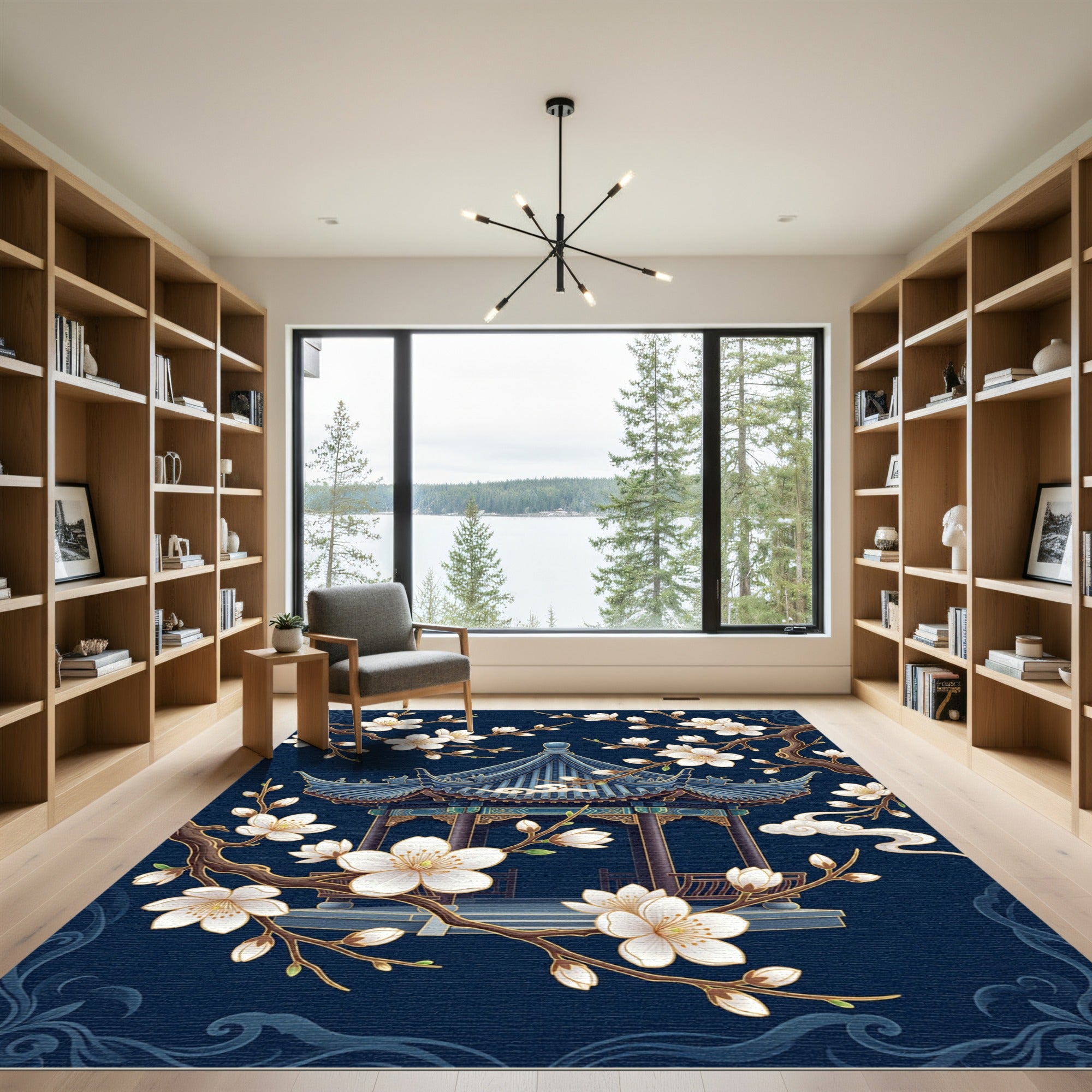 Midnight Blue Pagoda Blossom Branch Rug