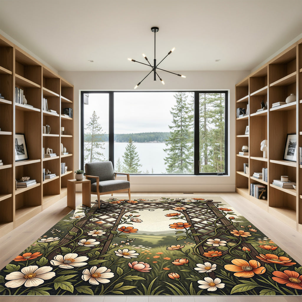 Floral Garden Trellis with Orange Blossoms Rug