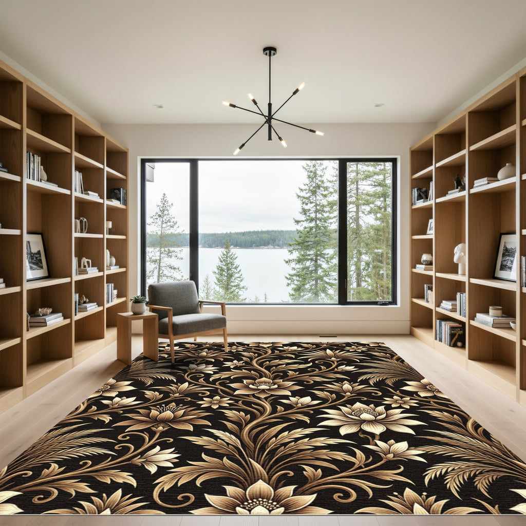 Ornate Gold Floral Vine Overlay Rug