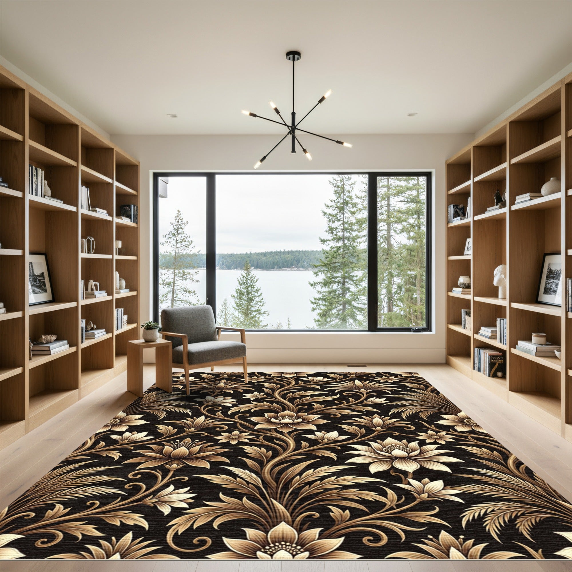Ornate Gold Floral Vine Overlay Rug