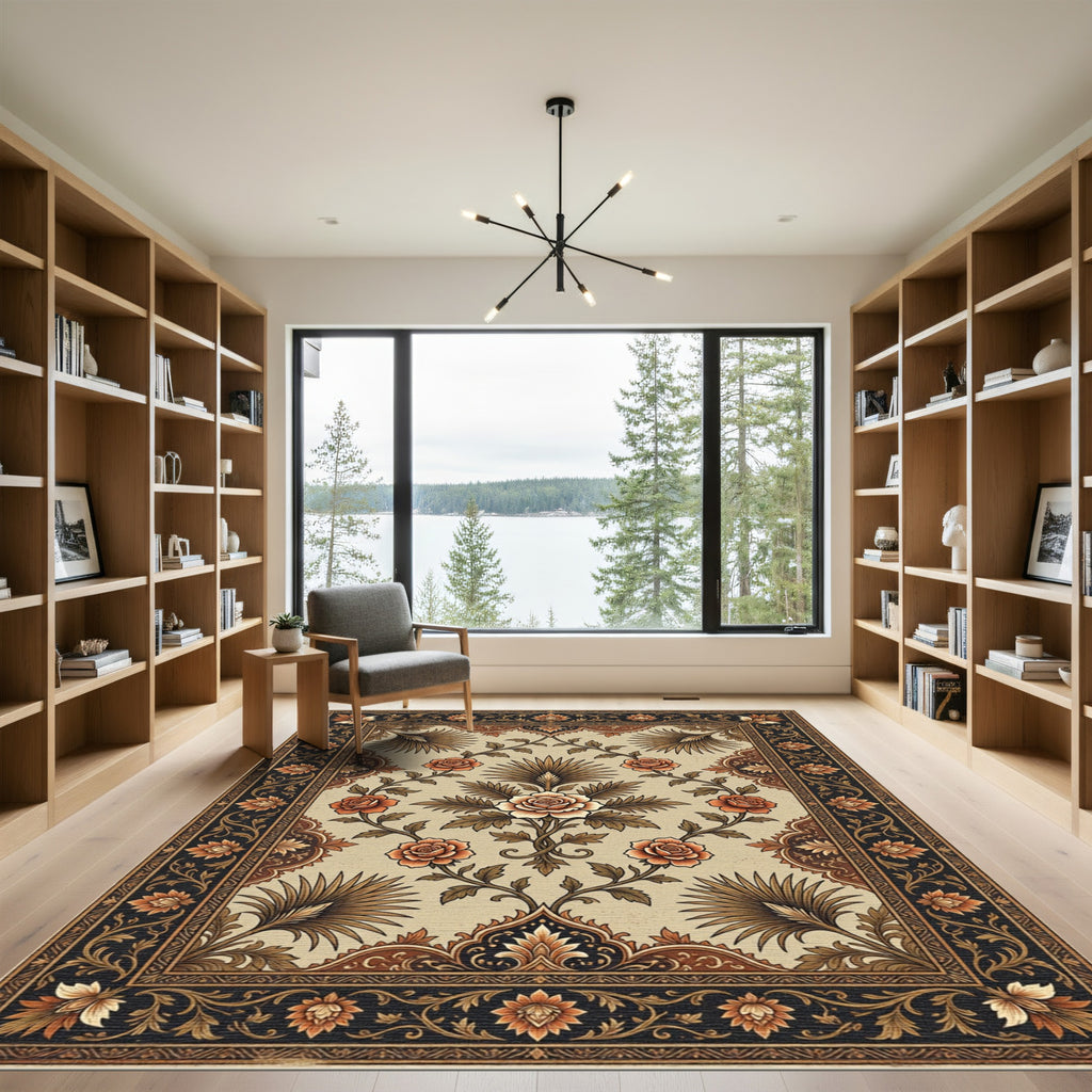 Earthy Rose Floral Botanical Medallion Rug