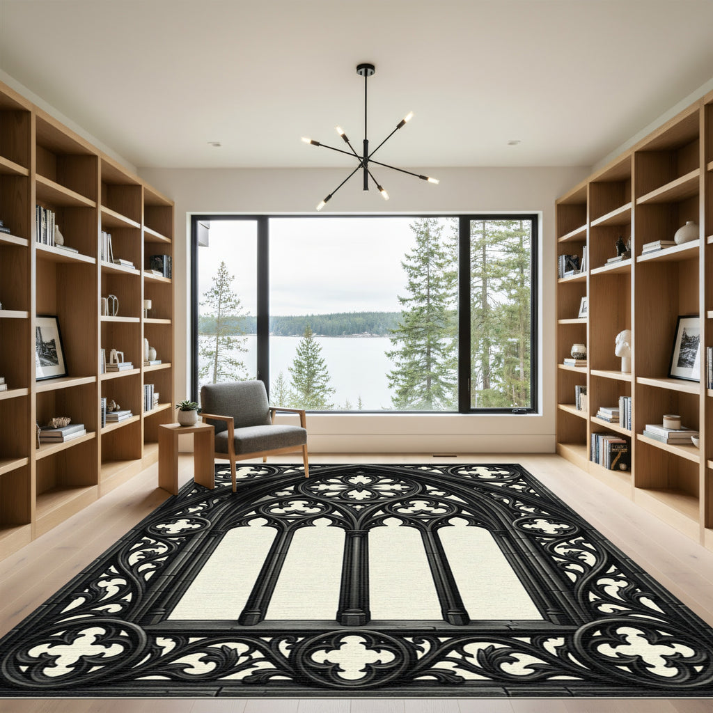 Gothic Arch Charcoal Black Traceries Rug