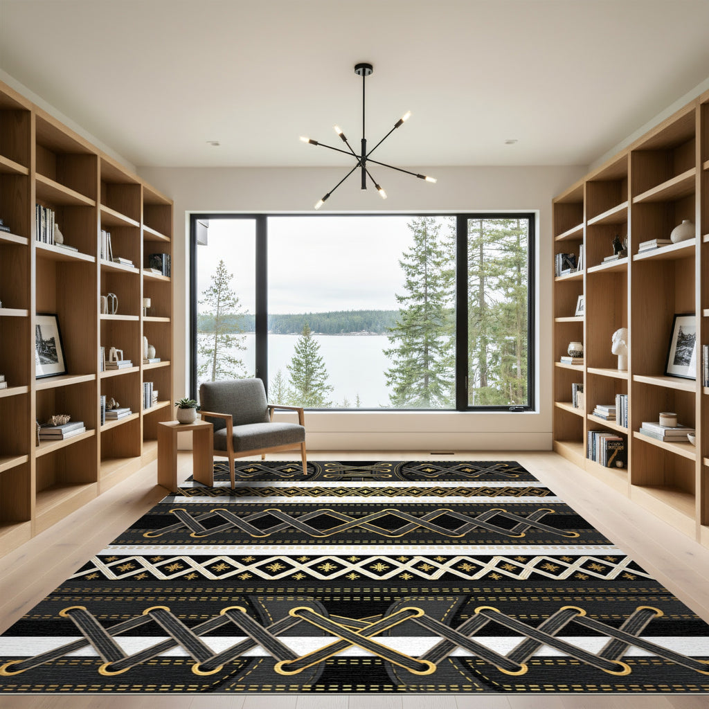 Black and Gold Corset Stripe Grid Rug