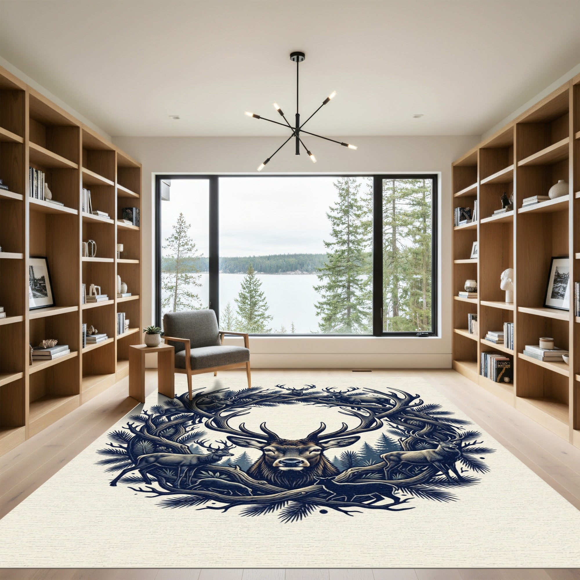 Majestic Forest Stag Silhouette Wreath Rug