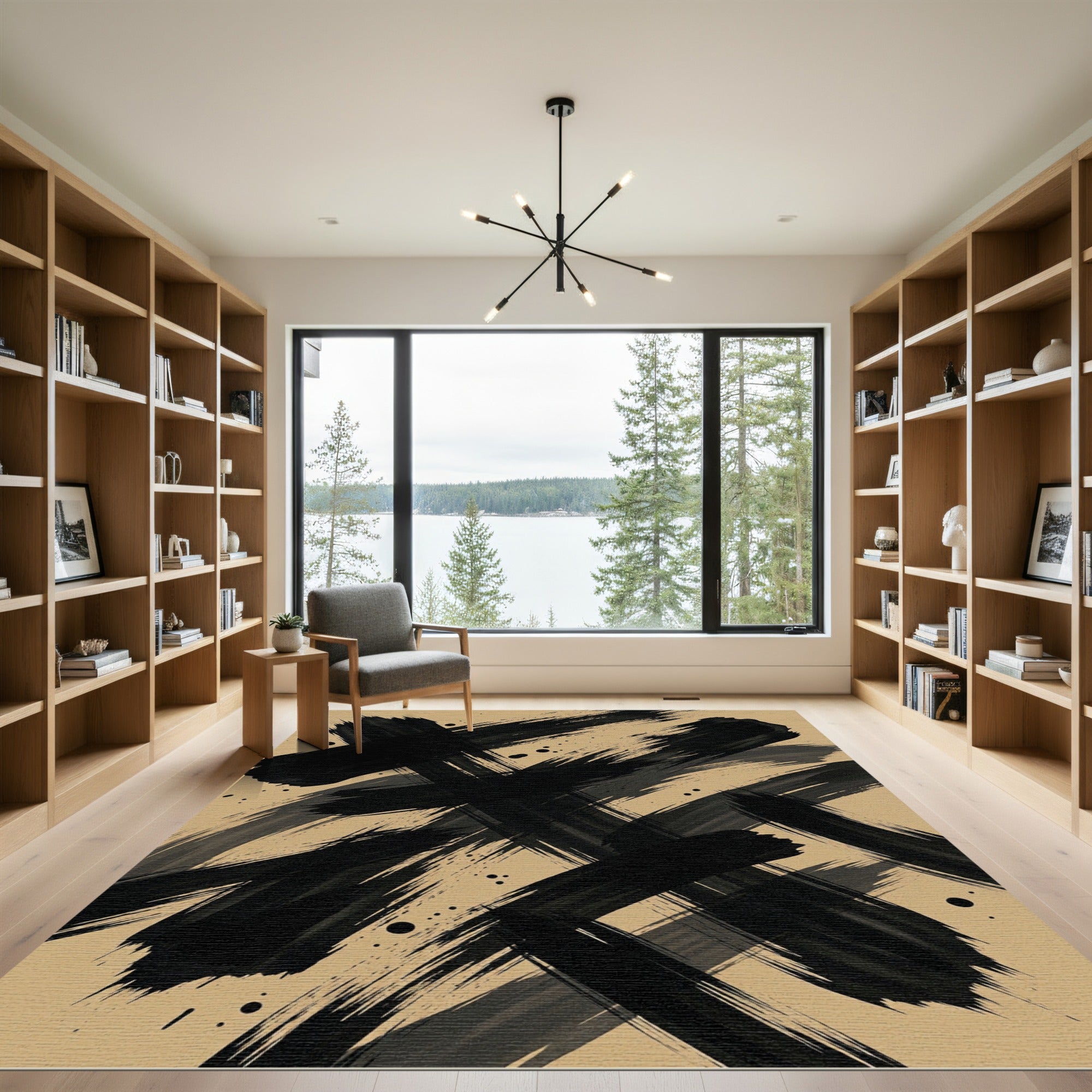 Modern Black Abstract Ink Brushstrokes Rug