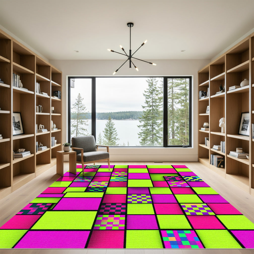 Vibrant Neon Grid Pixelated Checkered Block Rug