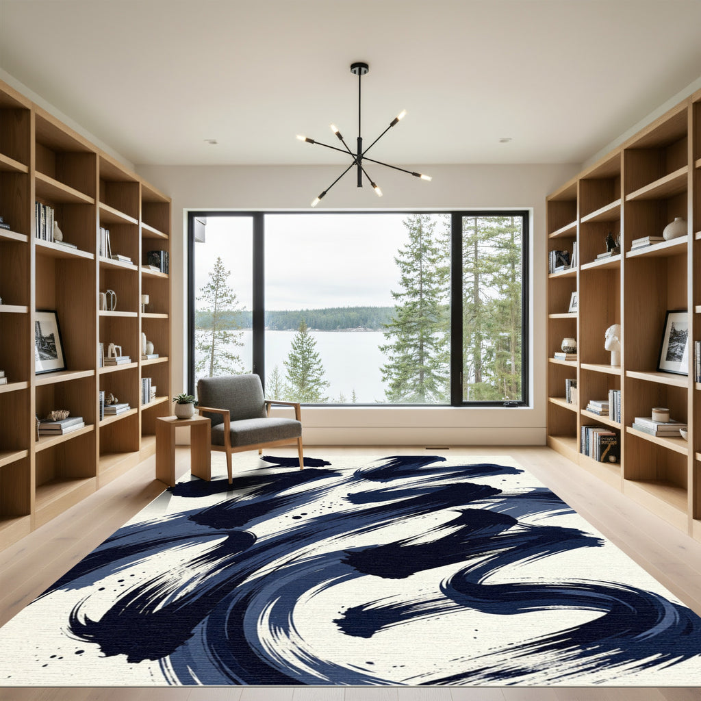 Modern Navy Blue Abstract Ink Sweep Rug