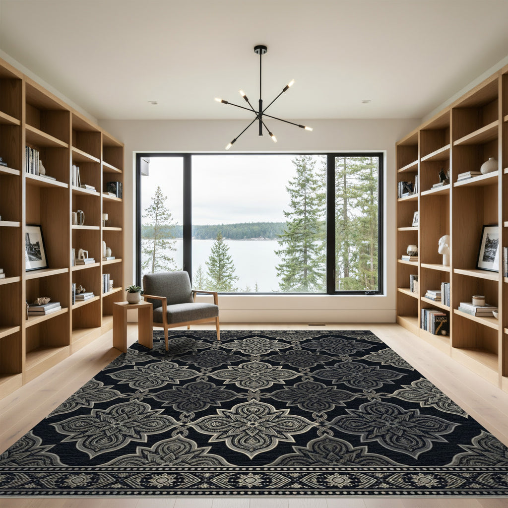 Ornate Silver Black Floral Medallion Rug