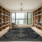 Ornate Silver Black Floral Medallion Rug
