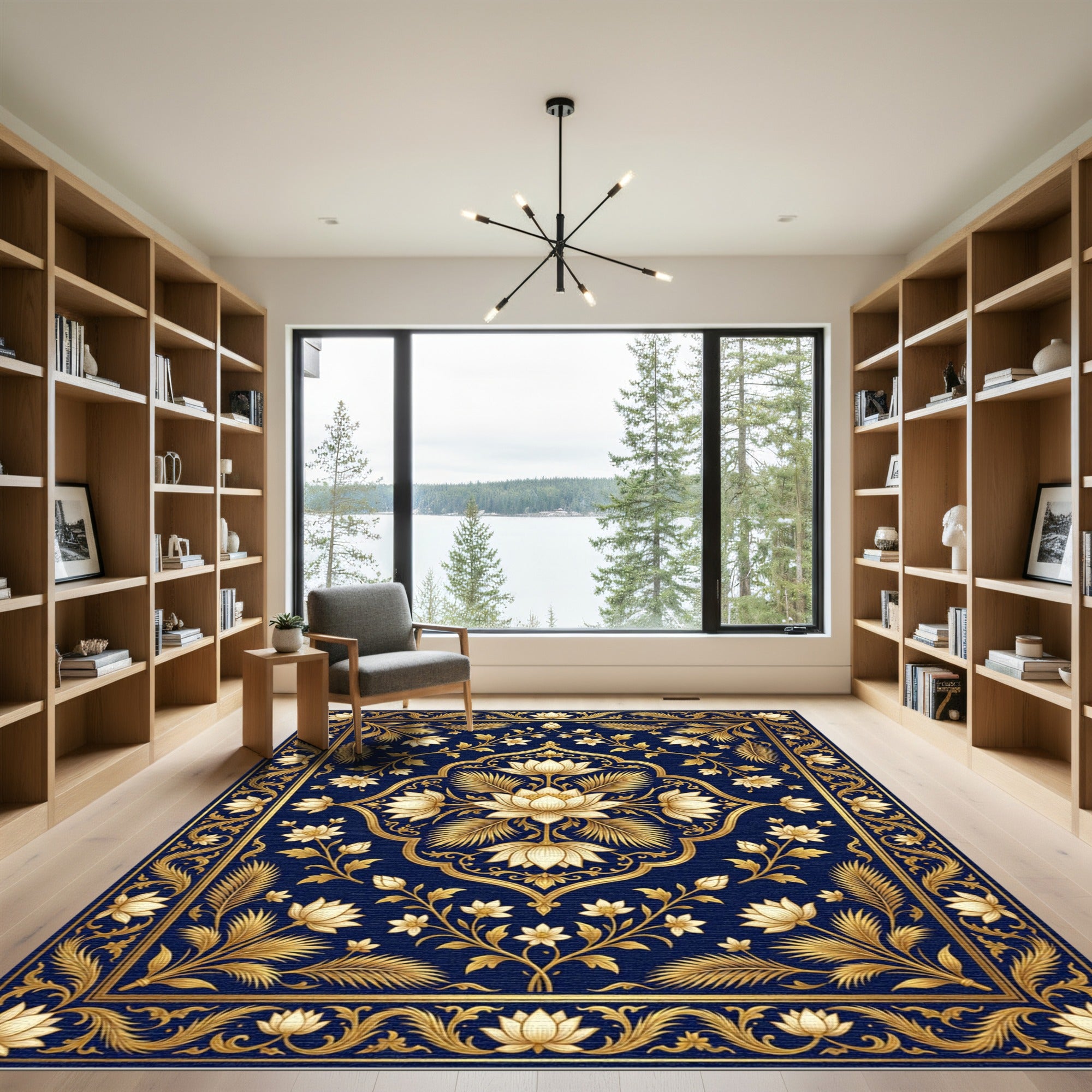 Golden Lotus Floral Royal Blue Medallion Rug
