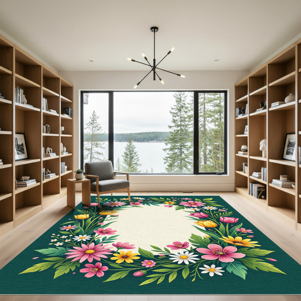 Vibrant Pink Yellow Floral Border Rug