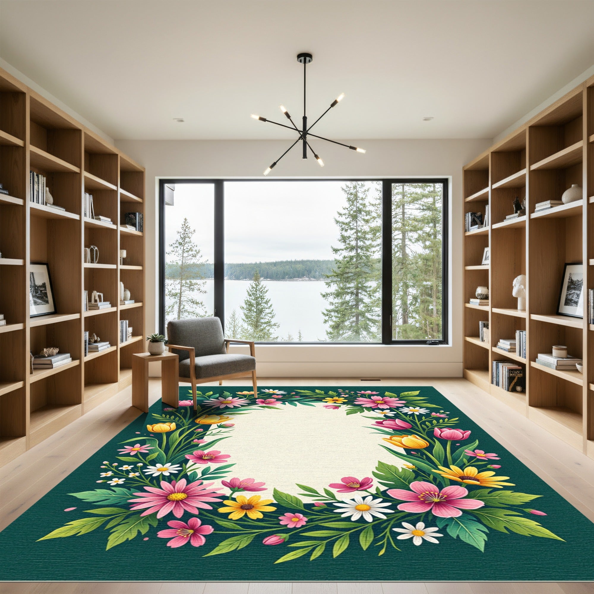 Vibrant Pink Yellow Floral Border Rug