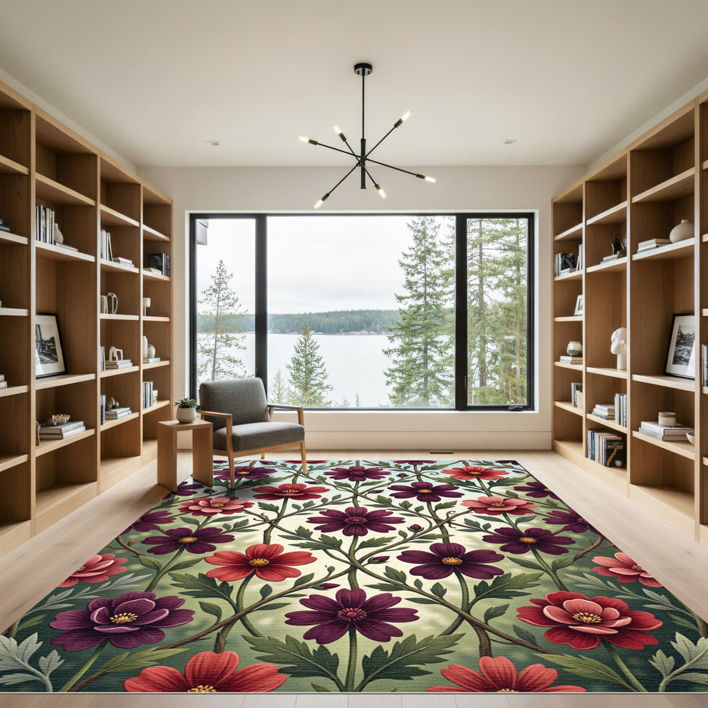 Crimson Red Burgundy Floral Lattice Rug