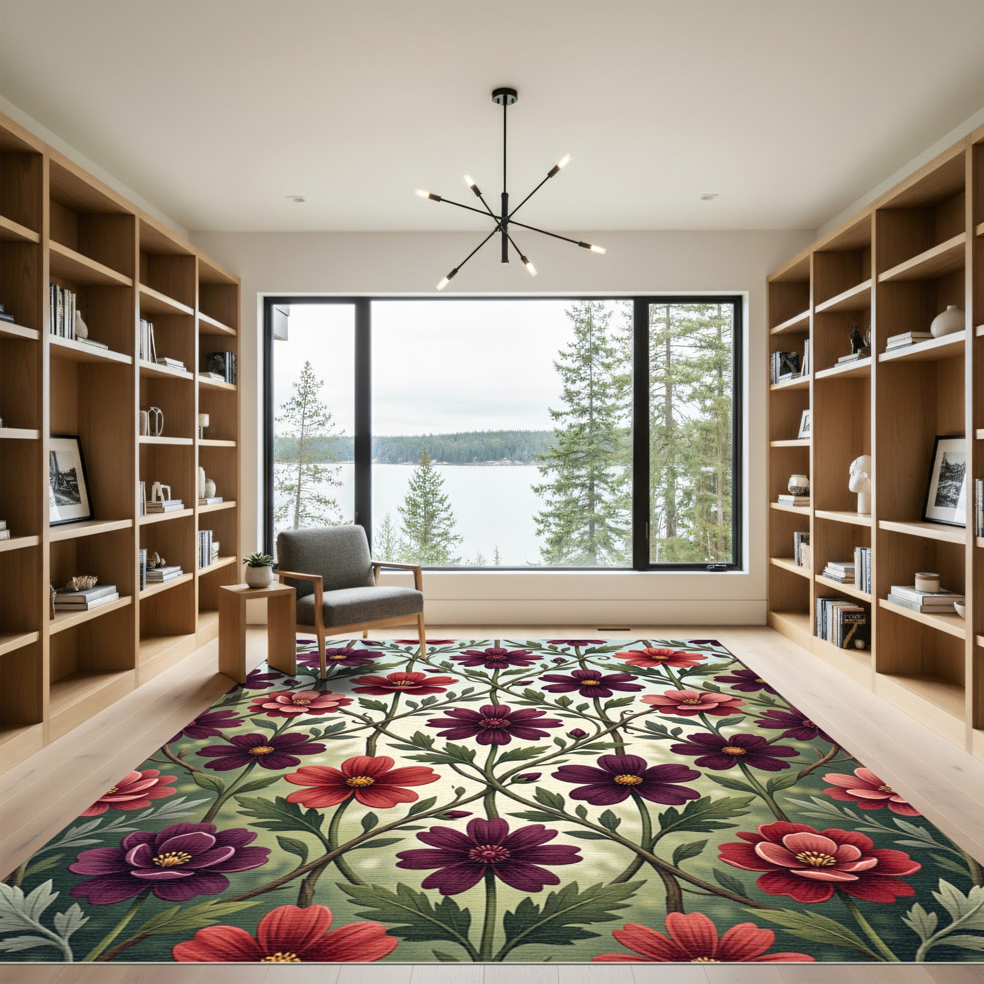 Crimson Red Burgundy Floral Lattice Rug