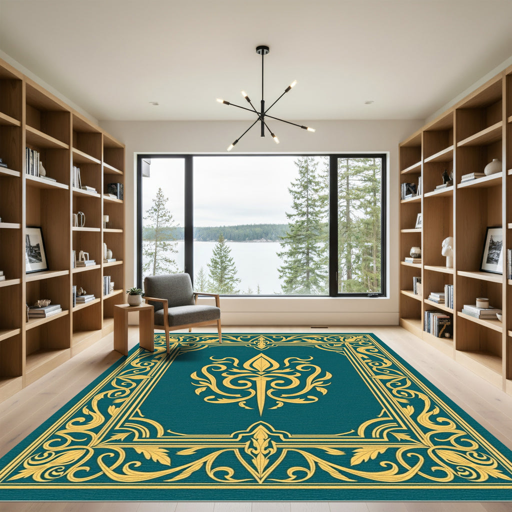 Regal Gold Floral Teal Frame Rug