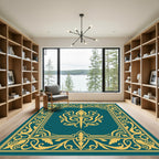 Regal Gold Floral Teal Frame Rug