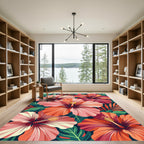 Vibrant Coral Hibiscus Tropical Foliage Rug