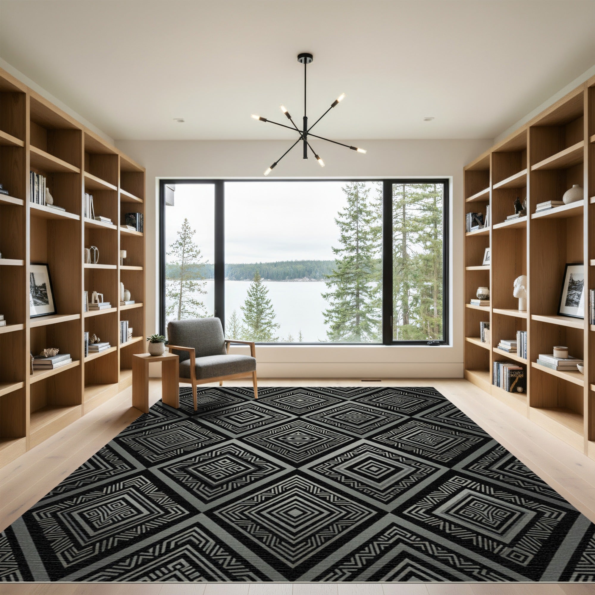 Black Silver Diamond Geo Art Rug