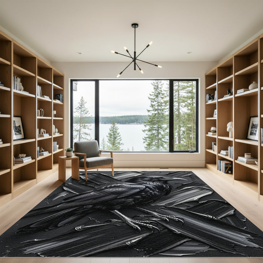 Moody Monochrome Raven Impasto Art Rug