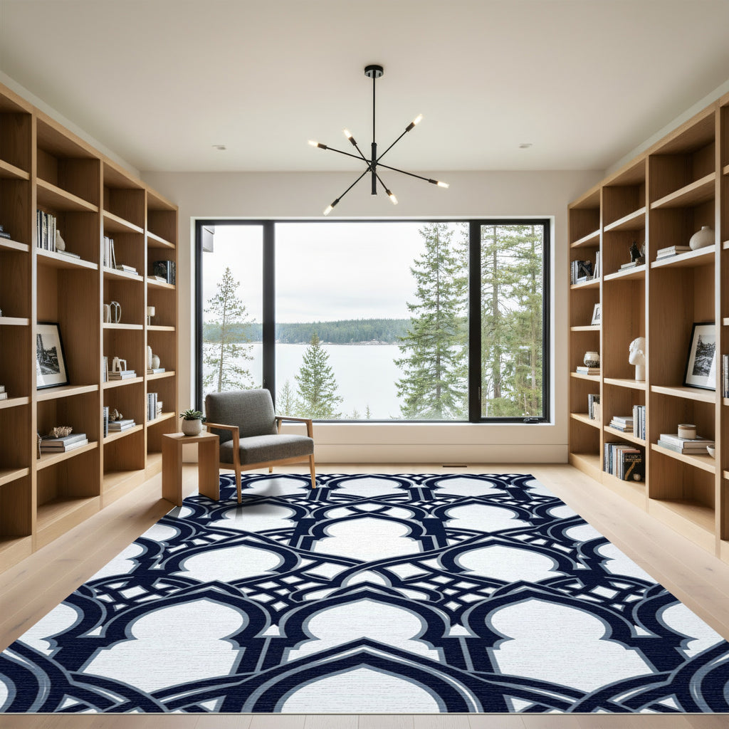Elegant Navy Arched Geometric Lattice Rug