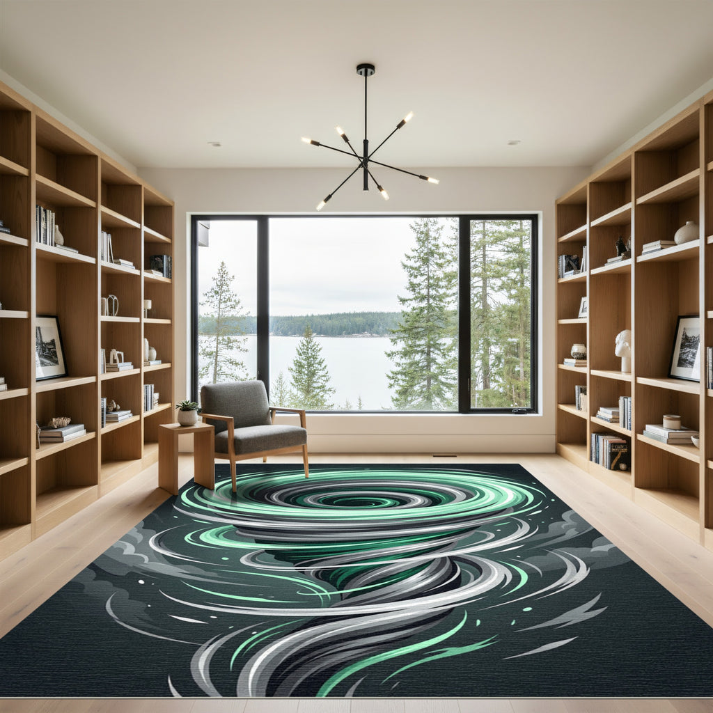 Dynamic Mint and Graphite Swirling Cyclone Rug