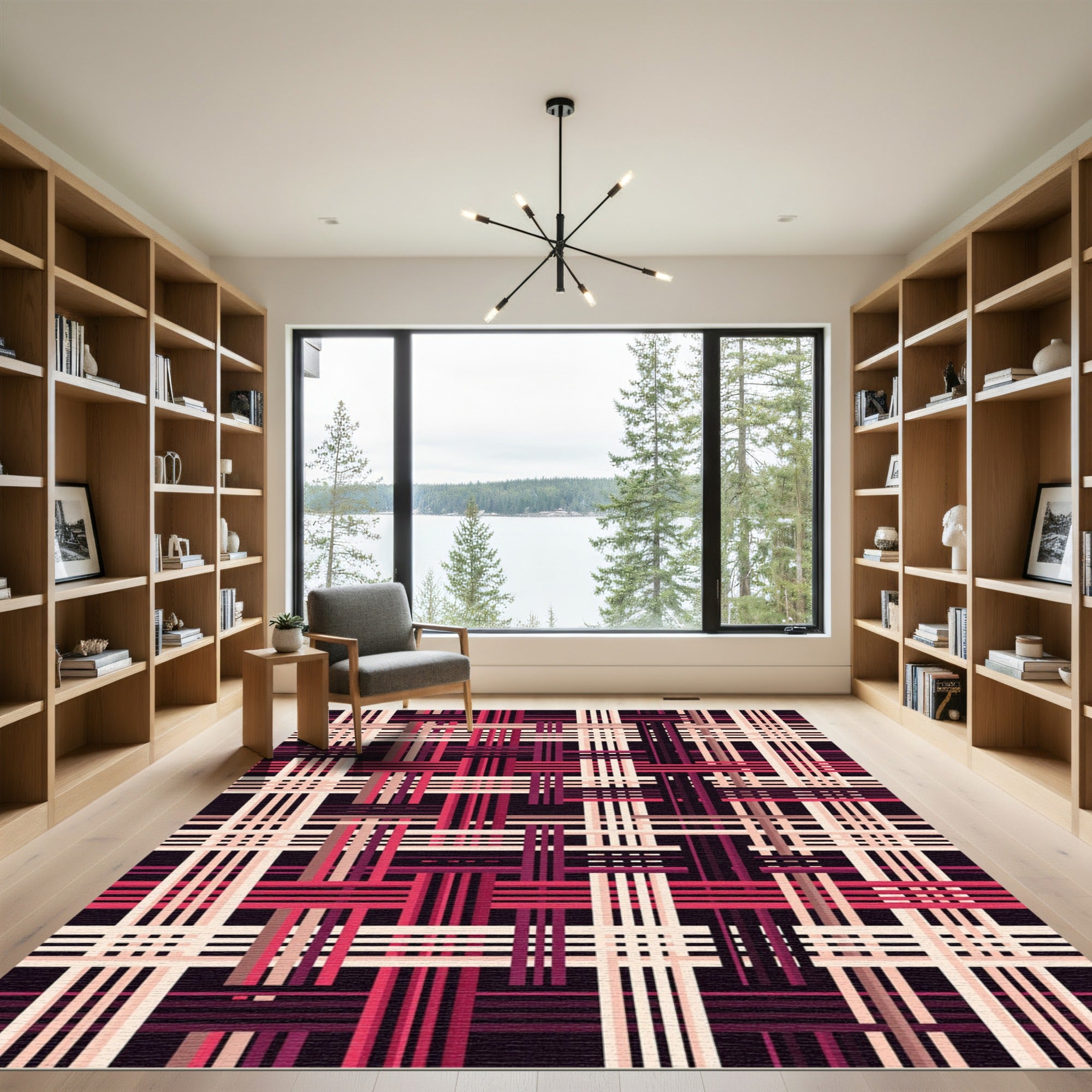 Modern Burgundy and Cream Plaid Grid Rug