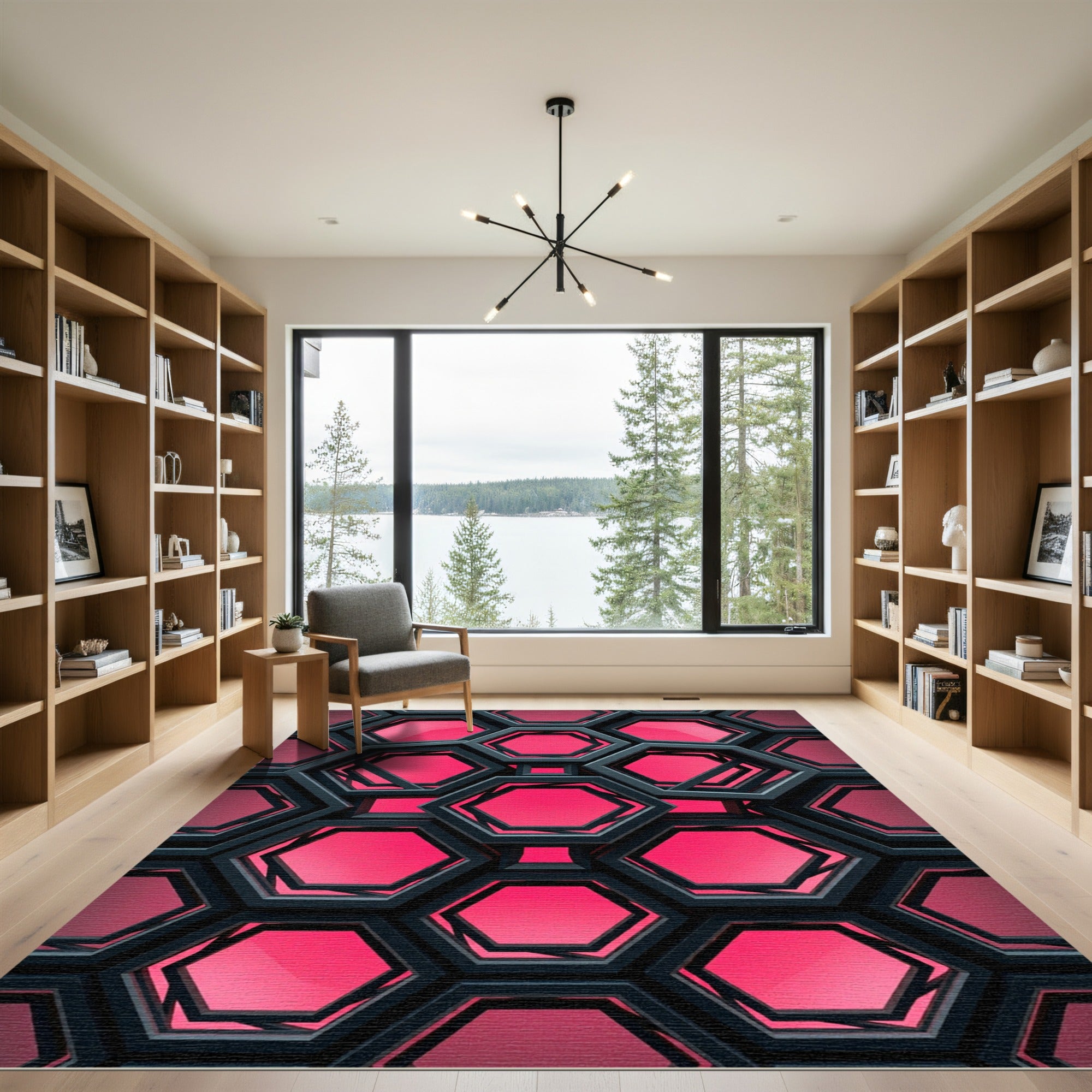 Modern Deep Magenta Hexagonal Grid Rug