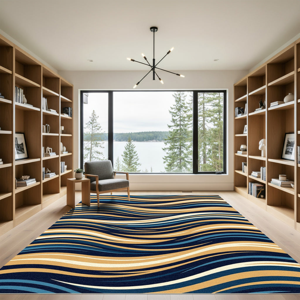 Deep Blue Golden Wavy Lines Rug