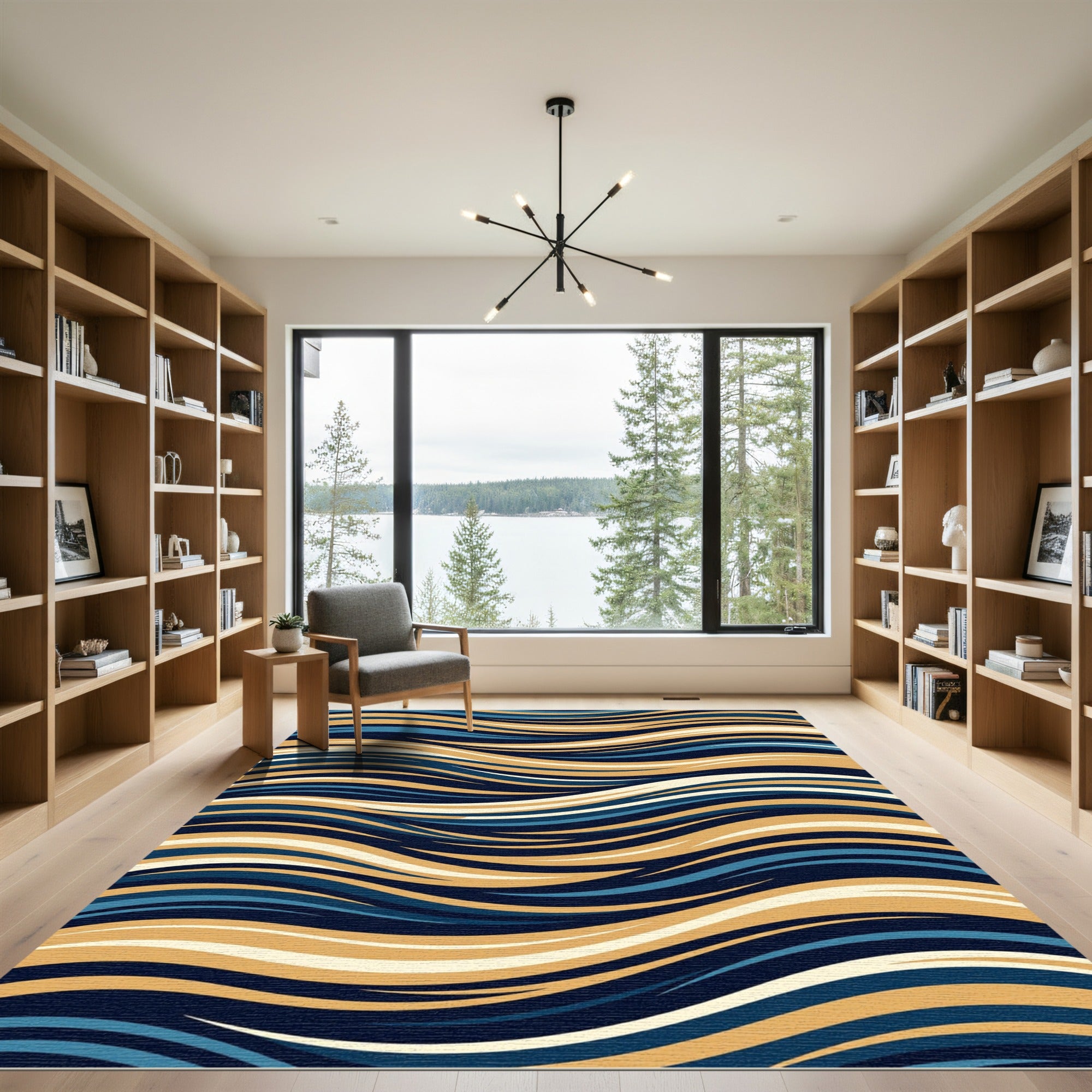 Deep Blue Golden Wavy Lines Rug