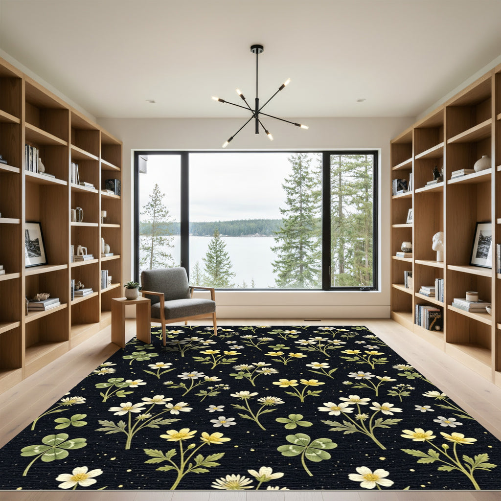 Black Botanical Floral Meadow Rug