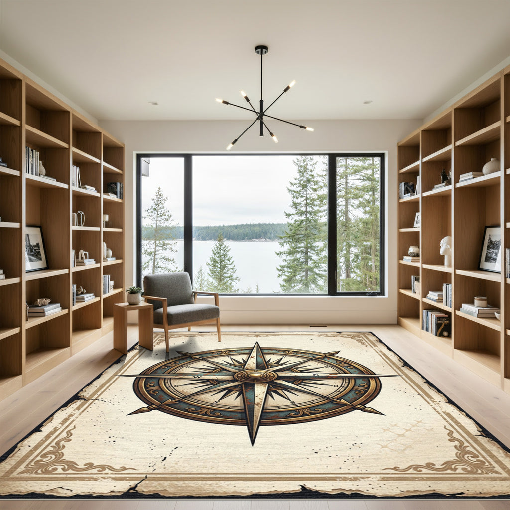 Antique Nautical Compass Gold Teal Medallion Rug