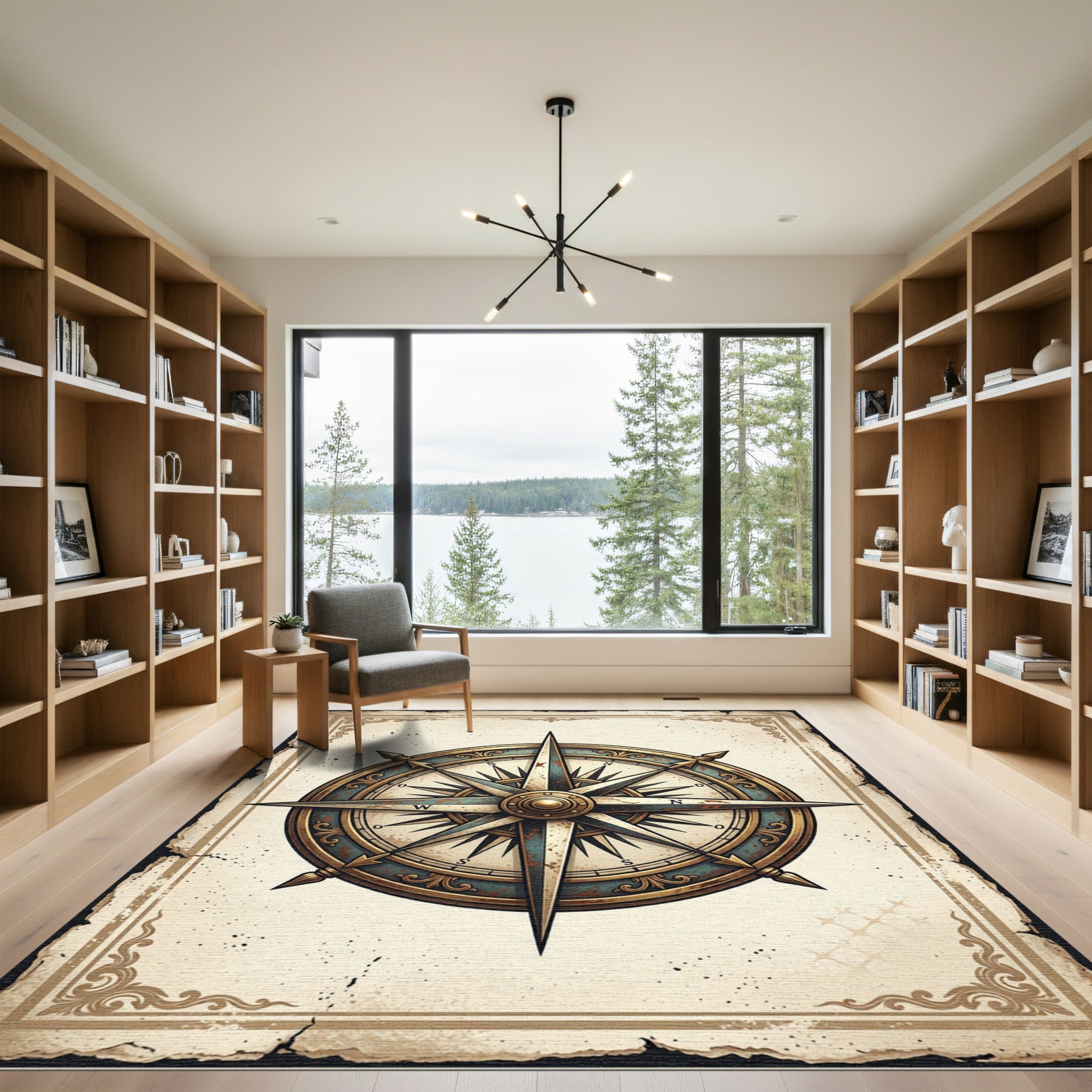 Antique Nautical Compass Gold Teal Medallion Rug