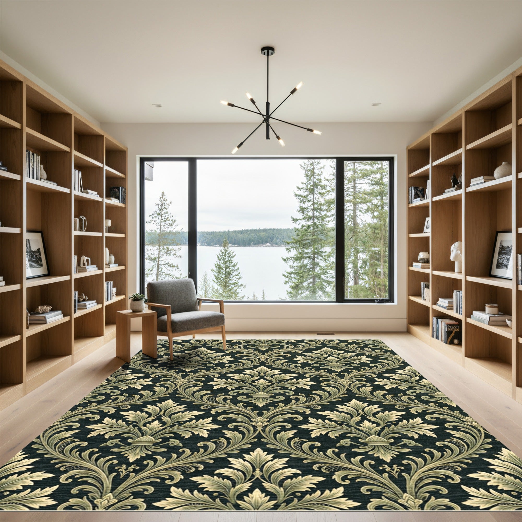 Elegant Olive Damask Scroll Filigree Rug